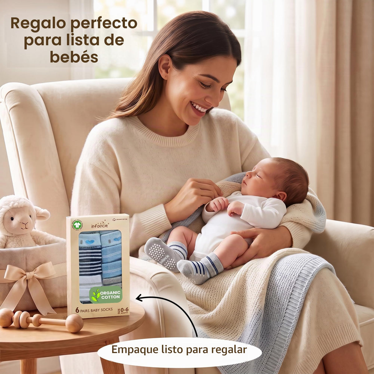 infancie | Calcetines Bebé Niño Pack 6 Algodón Orgánico GOTS Antideslizante Estampados Azul Gris 0-6 Meses