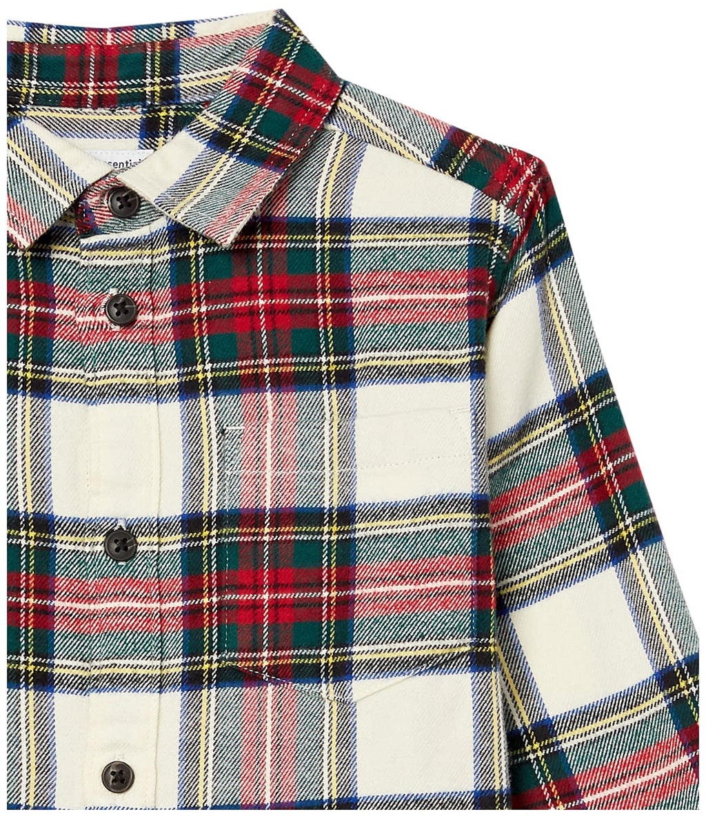 Amazon Essentials Camisa Franela Niño | Cuadros Crema/Rojo/Verde • Manga Larga • 100% Algodón