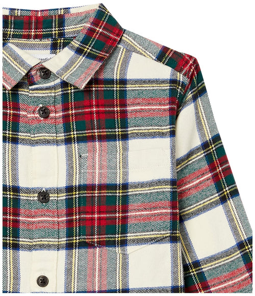Amazon Essentials Camisa Franela Niño | Cuadros Crema/Rojo/Verde • Manga Larga • 100% Algodón