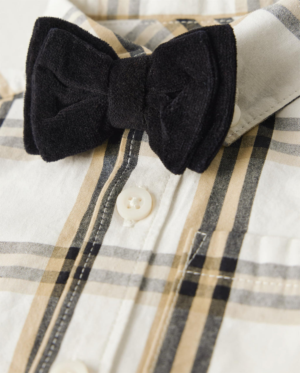 Conjunto Formal 4 Piezas | Bodysuit Camisa Cuadros Crema + Pana Negro + Tirantes + Pajarita Terciopelo | Bebé Niño (0M - 9M)