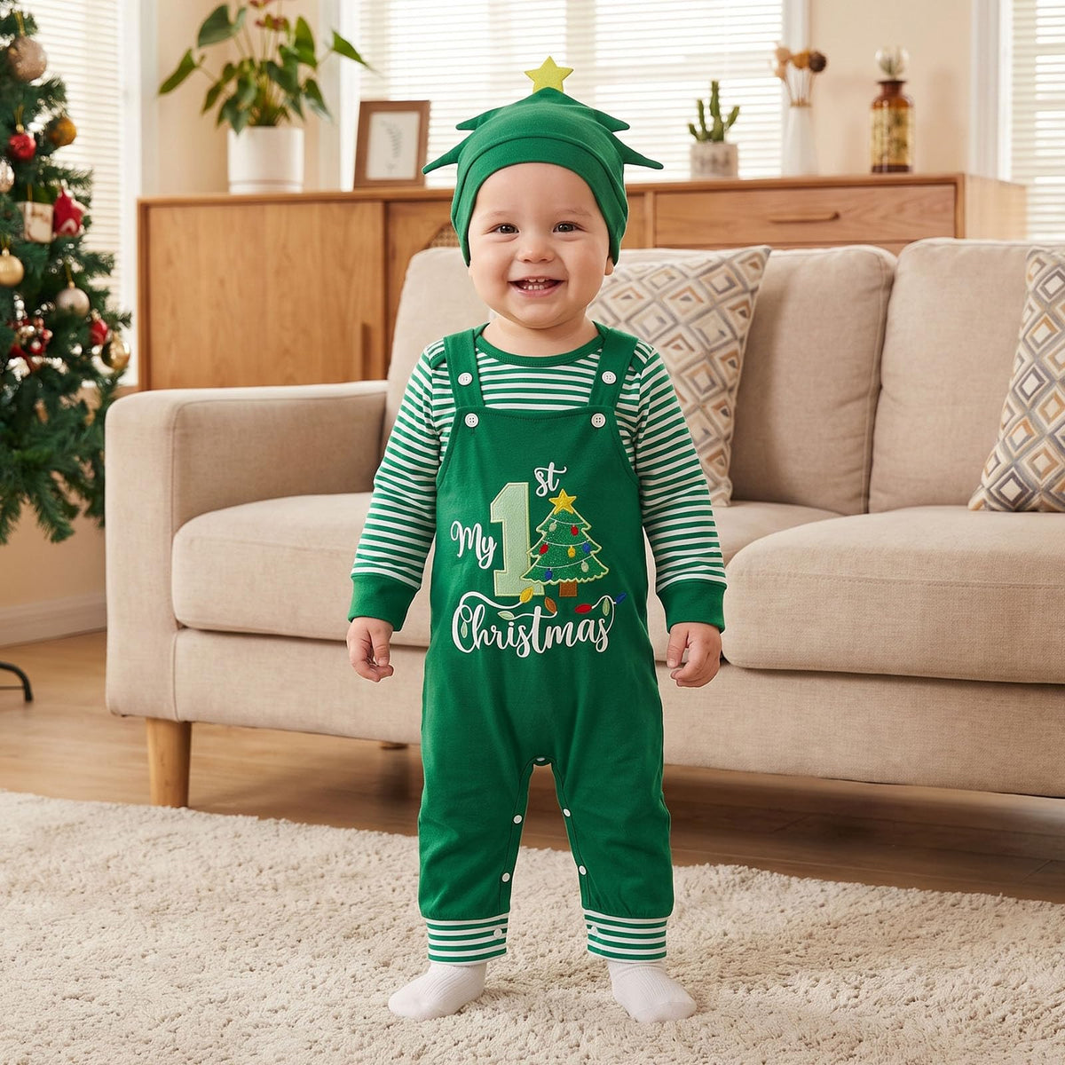 My 1st Christmas Arbolito | Conjunto Bebé Niño Mameluco Rayas Verde + Peto + Gorro Arbolito