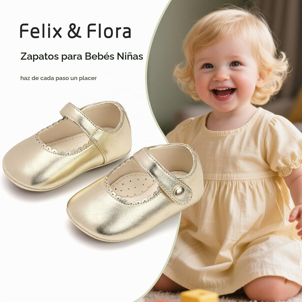 Zapatos de Vestir Antideslizantes de Suela Suave con Velcro para Bebé (Oro Brillante) – Félix & Flora