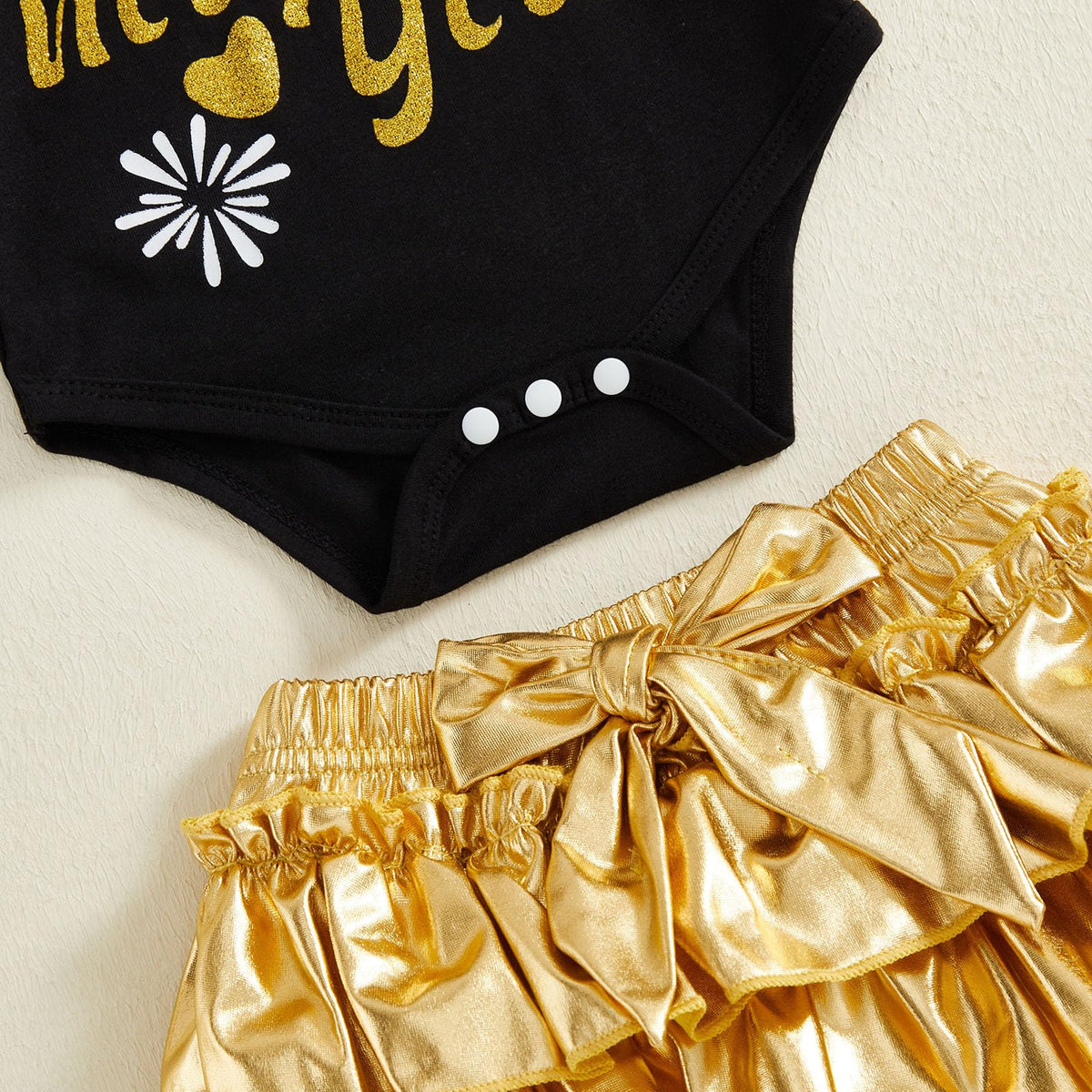 My 1st New Year | Conjunto Bebé Niña Negro y Dorado + Falda Tutú + Medias + Diadema