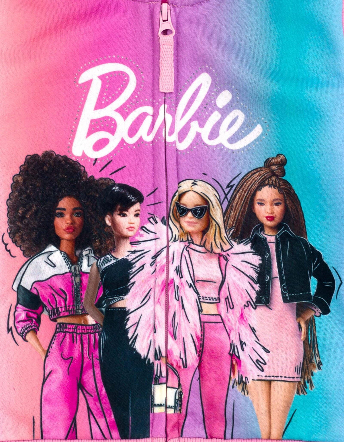 Sudadera con Capucha y Cremallera Barbie Oficial | Felpa Francesa + Degradado Rosa Azul + Gráfico 4 Amigas | Niña (2T - 16T)