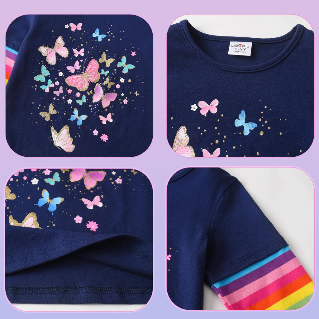 Top de Manga Larga con Mariposas para Niñas – Azul Marino con Rayas Arcoíris, Algodón (2-12 Años)