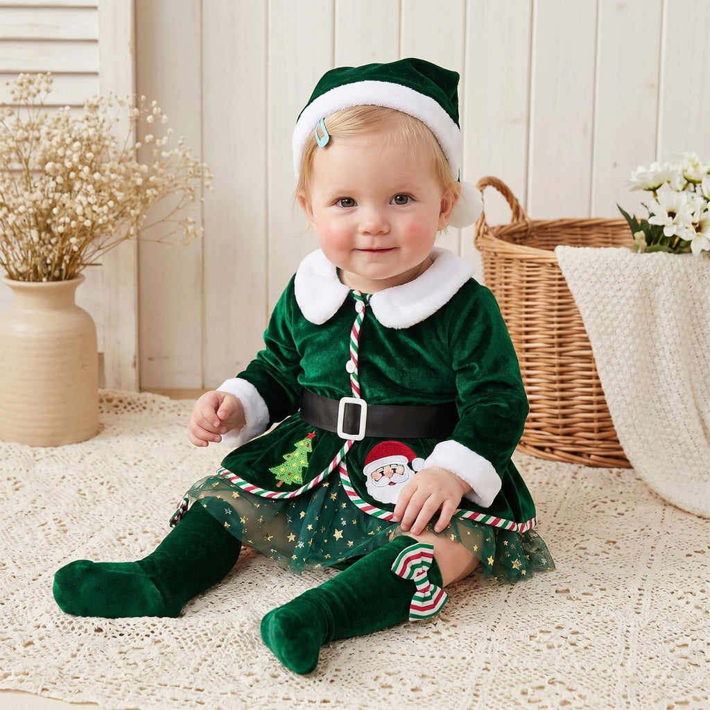 Giraropa | Vestido Mameluco Navideño de Terciopelo Bebé Niña - Verde