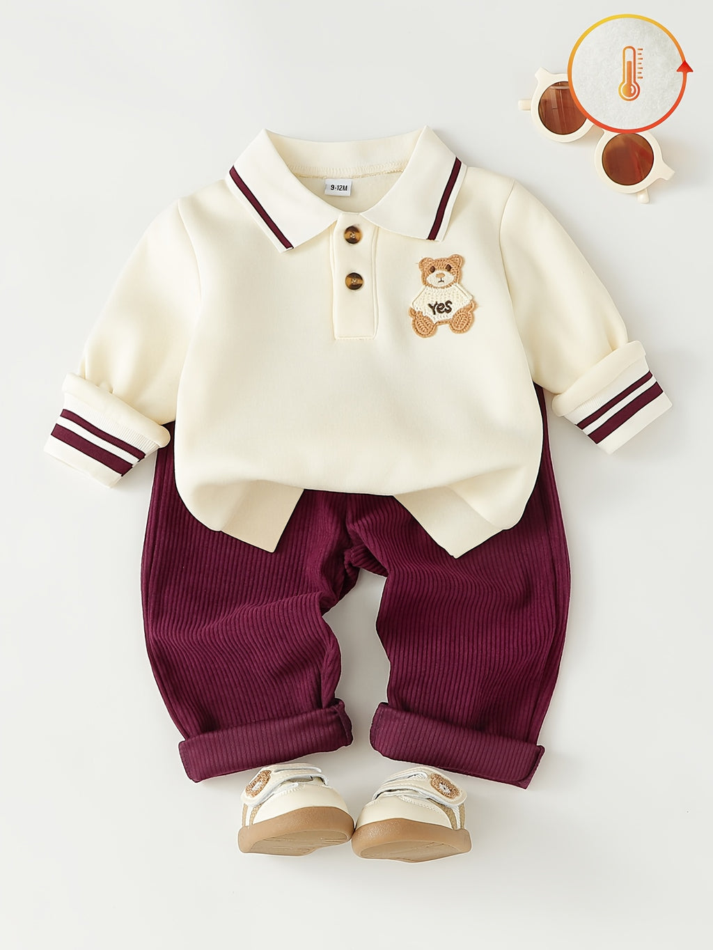 Conjunto de 2 Piezas "Preppy Bear" para Niño – Sudadera Polo Blanca con Parche de Oso y Pantalón de Pana Vino (Otoño/Invierno) (6M - 3Y)