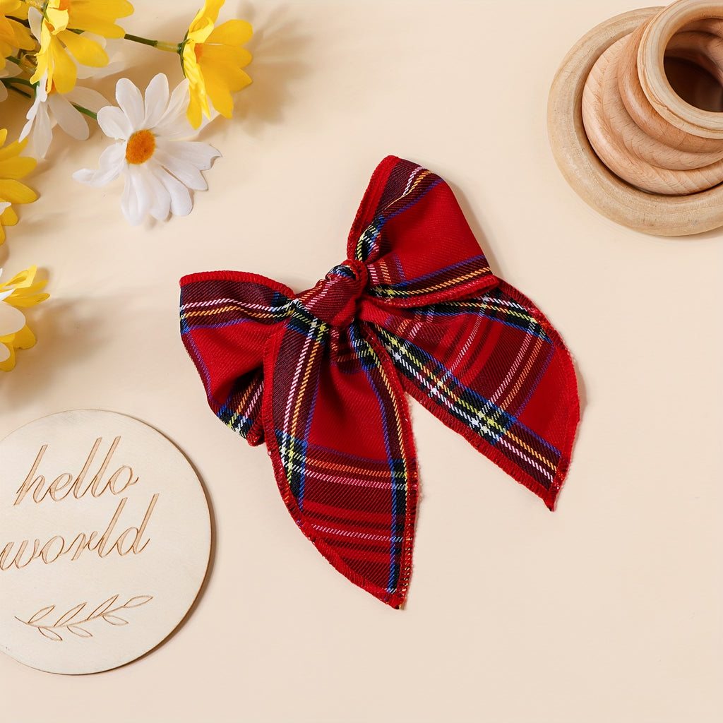 Pinza para el Cabello con Lazo Estilo Navideño y Estampado a Cuadros (Horquilla Decorativa Festiva)