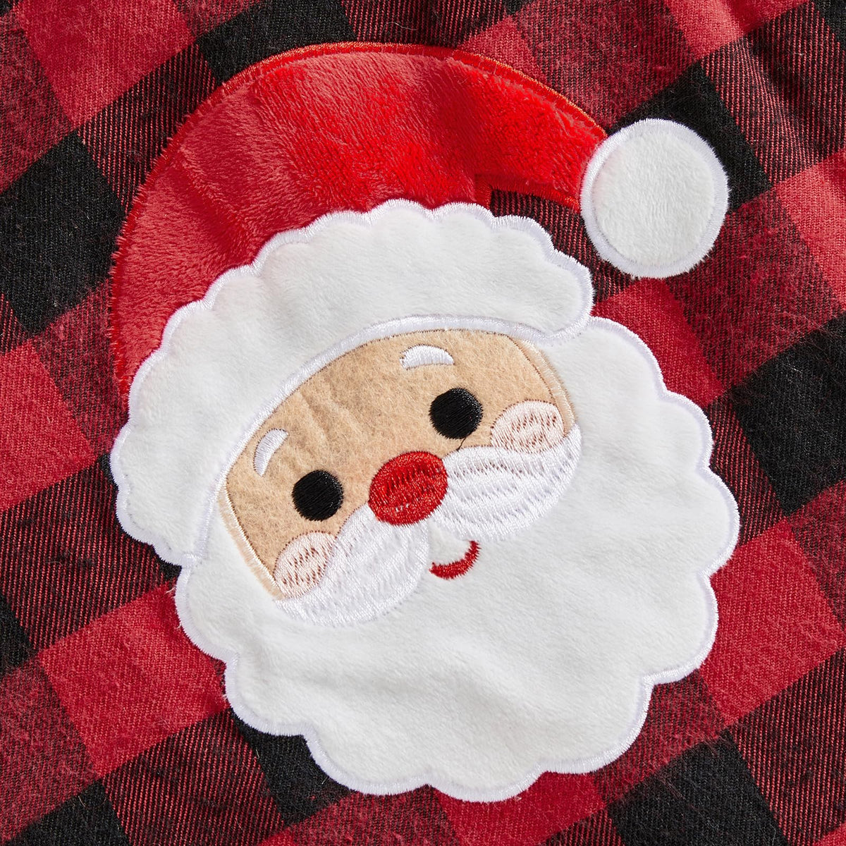 Santa Buffalo Girl | Vestido Cuadros Búfalo Rojo/Negro Niña — Manga Mariposa + Aplicación Papa Noel 3D + Lazos Rojos + Pompones