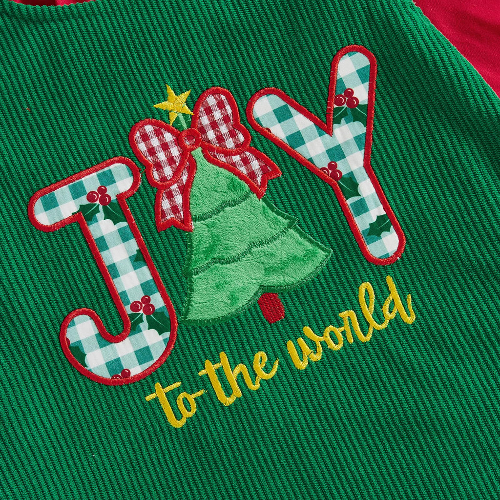 Joy to the World Girl Set | Conjunto 2 Piezas Niña — Blusa Roja Volantes + Vestido Pana Verde + JOY Bordado + Moños Cuadros