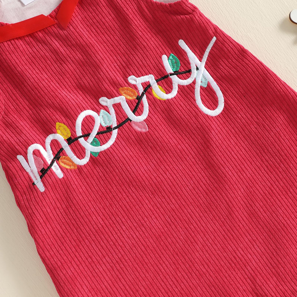 Merry Lights Red Girl | Vestido Pana Roja Niña — Sin Mangas + Cuello V Rojo + Bordado “merry” + Luces Navideñas + Lazos Rojos