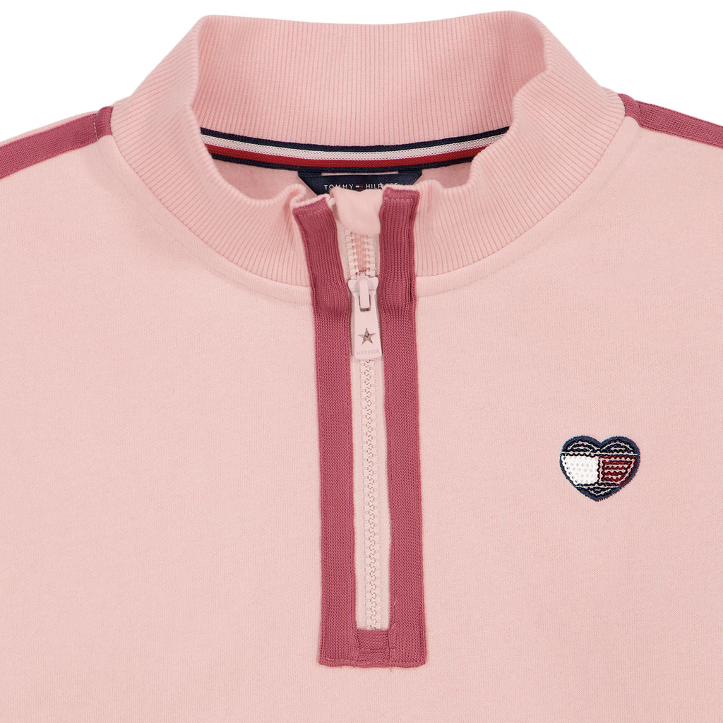 Quarter-Zip Fleece Tommy Hilfiger | Rosa Palo + Rayas Mauve + Parche Corazón Lentejuelas + Puños Acanalados | Niña (7T - 14T)