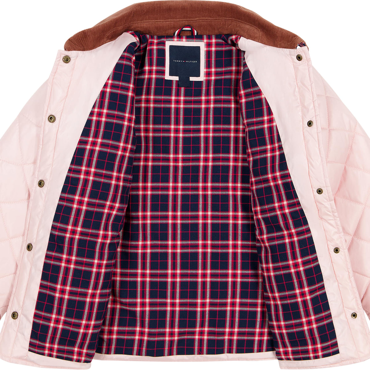 Chaqueta Barn Acolchada Diamantes Tommy Hilfiger | Rosa Palo + Pana Camel + Forro Franela Escocesa | Niña (7T - 14T)