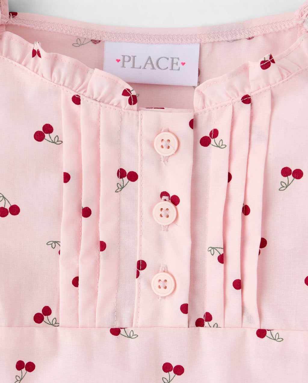 The Children's Place | Top Nina Manga Abullonada | 100% Popelina Algodon | Cuello Escotado con Volante | Pliegues en Corpino | Tapeta Botones Decorativa | Cerezas Rosa Palo (4 - 16T)