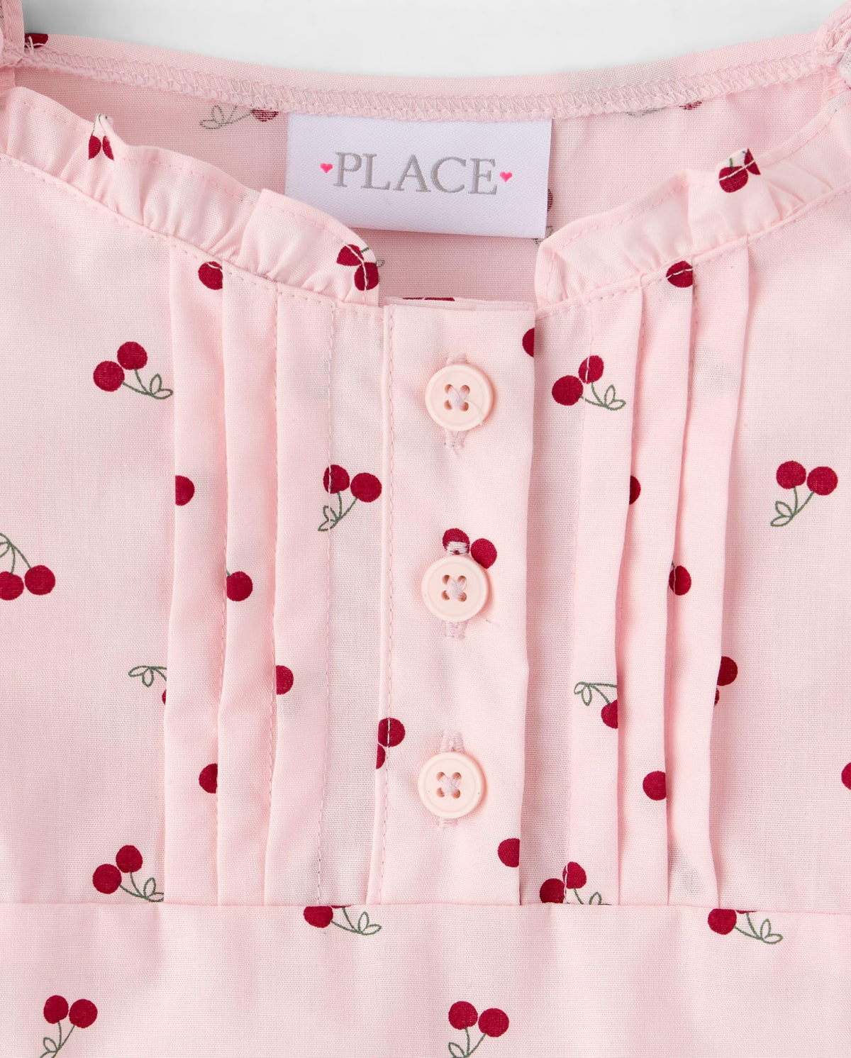 The Children's Place | Top Nina Manga Abullonada | 100% Popelina Algodon | Cuello Escotado con Volante | Pliegues en Corpino | Tapeta Botones Decorativa | Cerezas Rosa Palo (4 - 16T)