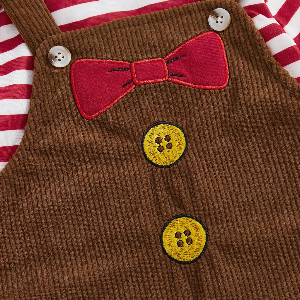 Gingerbread Pudding Boy Set | Conjunto 3 Piezas Bebé — Body Rayas Rojo + Overol Pana Café + Moño Rojo + Gorro Pudding