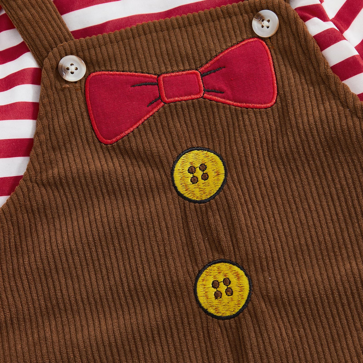 Gingerbread Pudding Boy Set | Conjunto 3 Piezas Bebé — Body Rayas Rojo + Overol Pana Café + Moño Rojo + Gorro Pudding