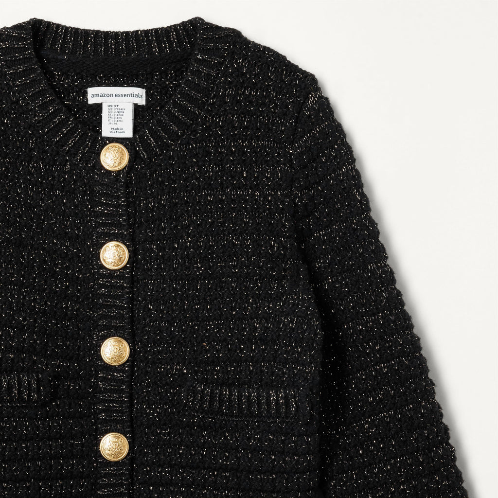 Amazon Essentials Cárdigan Niña | Negro Metalizado • Estilo Chanel • Botones Dorados