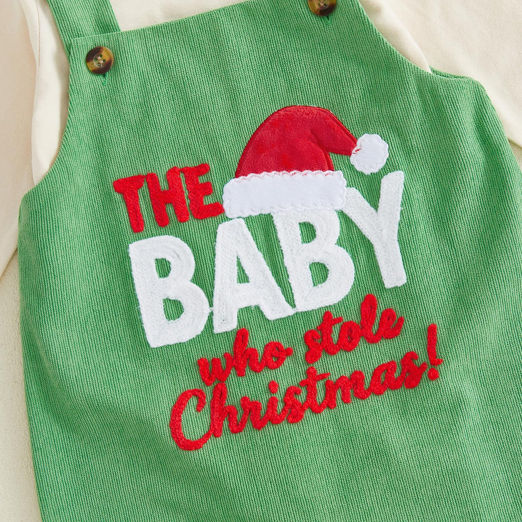 The Baby Who Stole Christmas | Conjunto 3 Piezas Bebé — Body Crema + Overol Verde + Gorro Papa Noel