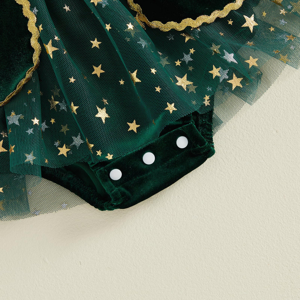Mameluco Navideño de Terciopelo con Lazo y Tul Estrellas Bebé Niña - Verde