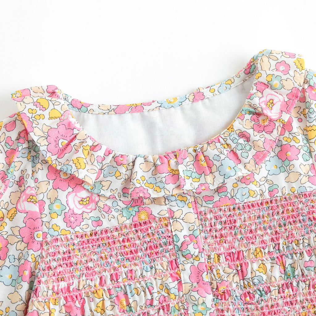 Vestido de Manga Larga 100% Algodón con Cuello con Volantes y Estampado Floral Rosa Brillante para Niña (K-rosado) (12M - 3T)