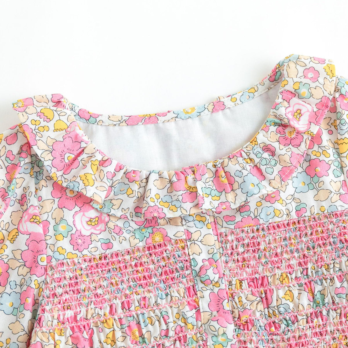 Vestido de Manga Larga 100% Algodón con Cuello con Volantes y Estampado Floral Rosa Brillante para Niña (K-rosado) (12M - 3T)