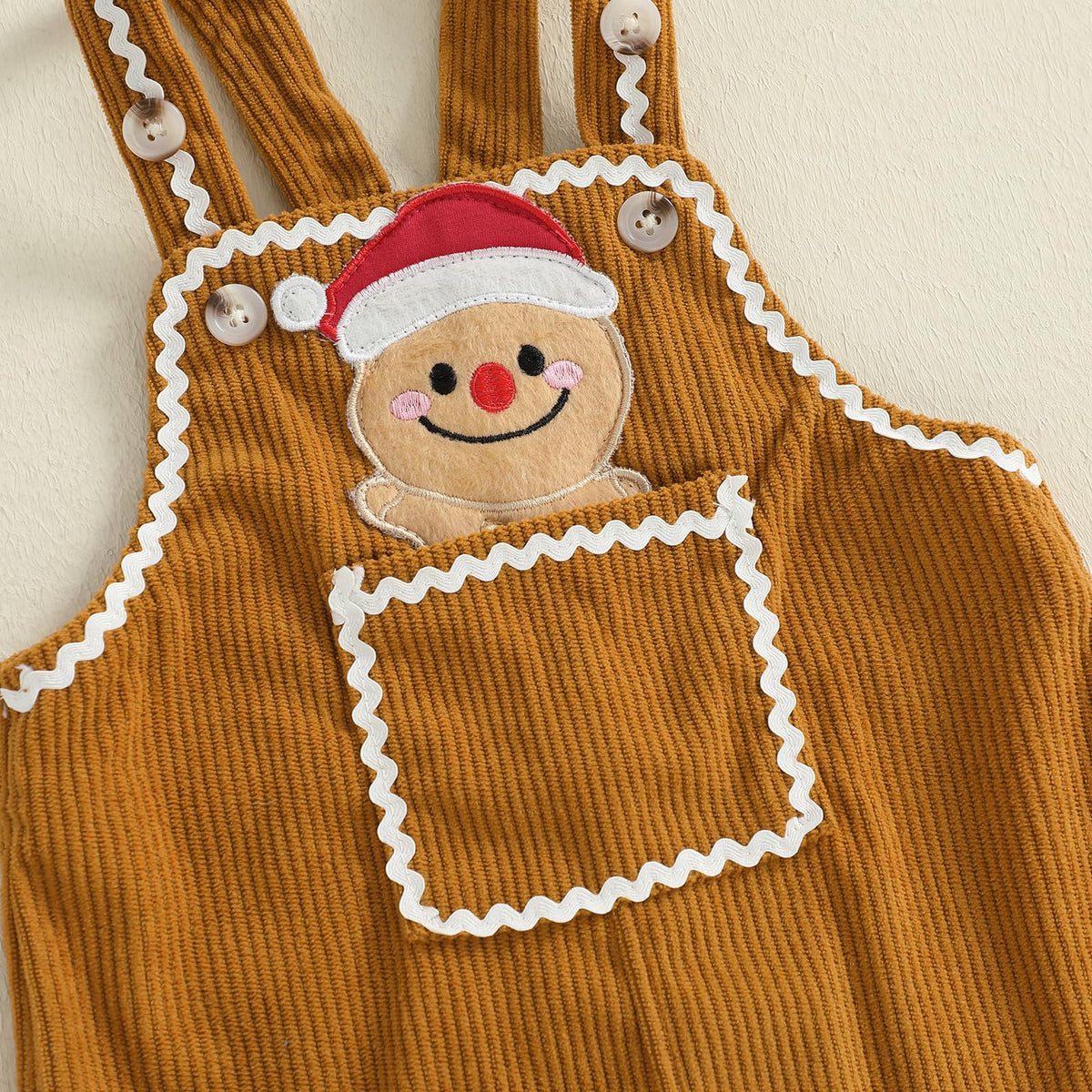 Plaid Gingerbread Boy Set | Conjunto 2 Piezas Bebé — Body Camisa Cuadros Rojo + Overol Pana Mostaza + Galleta de Jengibre
