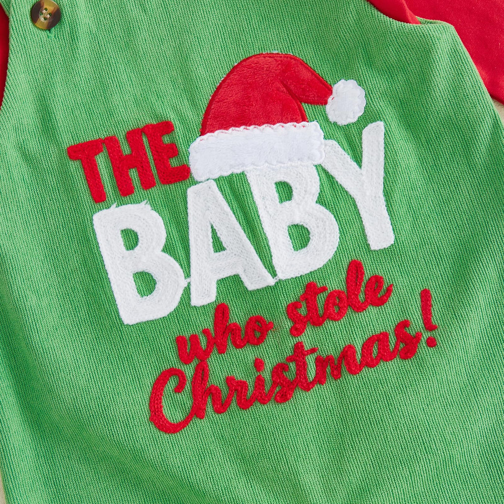 The Baby Who Stole Christmas Red | Conjunto 3 Piezas Bebé — Body Rojo + Overol Verde + Gorro Papa Noel