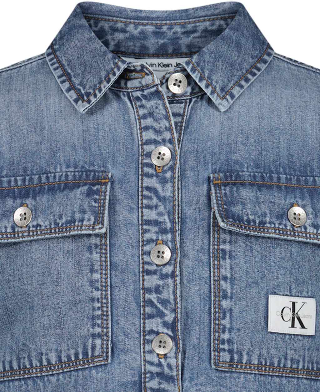 Calvin Klein Jeans Vestido Denim Niña | Azul Dante Wash • Manga Corta • Parche Logo CKJ • Silueta Acampanada