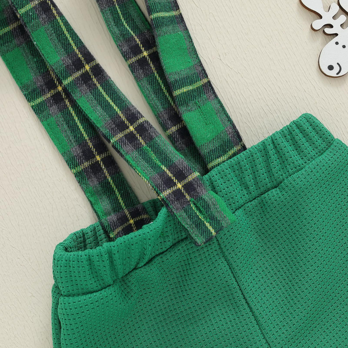 Little Gentleman Verde | Conjunto Navideño Bebé Niño Mameluco Blanco + Pantalon Tirantes Cuadros + Gorro