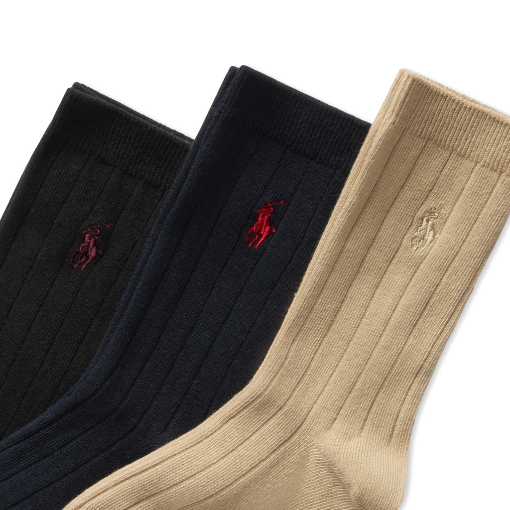 Polo Ralph Lauren | Calcetines Niño Pack 3 Algodón Canalé Negro Marino Beige Pony Rojo