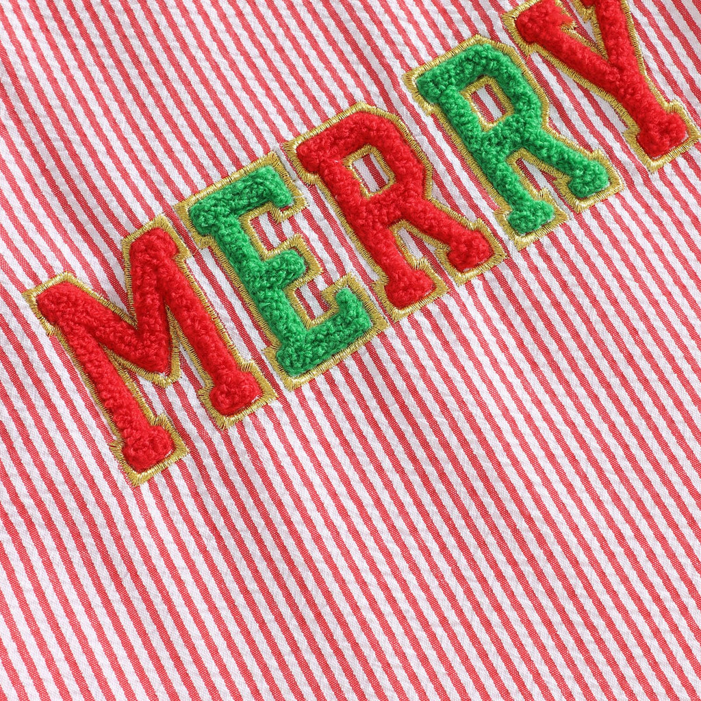 Merry Varsity Red Girl | Vestido Rayas Rojo/Blanco Niña — Sin Mangas + Cuello Redondo + Letras MERRY Chenille + Lazos Rojos
