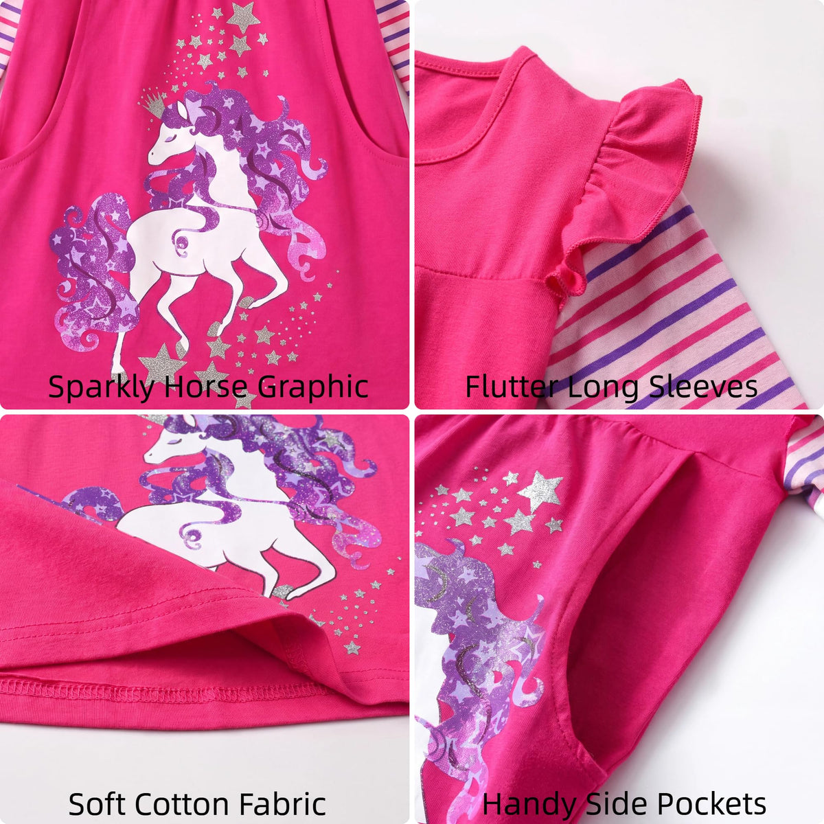 Vestido Niña DXTON | 95% Algodón + Unicornio Galáctico Melena Morada + Estrellas Glitter + Bolsillos | Fucsia/Rosa (3-8 Años)
