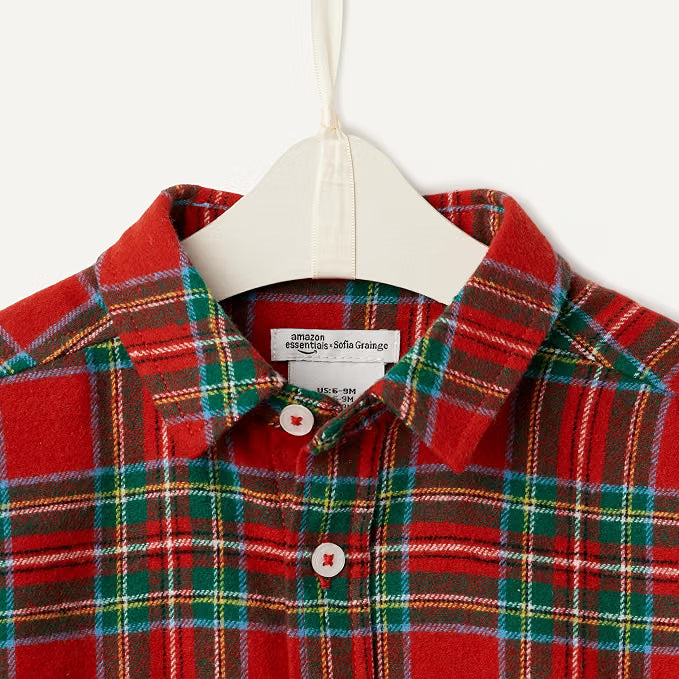 Amazon Essentials x Sofia Grainge Camisa Franela Niño | Cuadros Festivos Rojo Cereza • Navidad • 100% Algodón