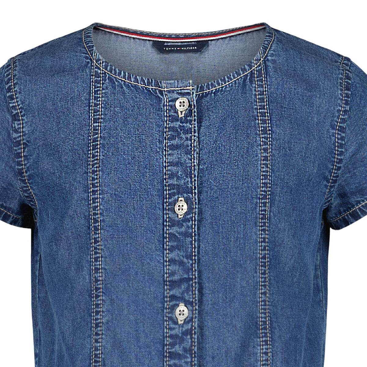 Tommy Hilfiger Vestido Denim Niña | Azul Medio • Manga Casquillo • Cuello Redondo • Volante Inferior • Bandera TH Bordada