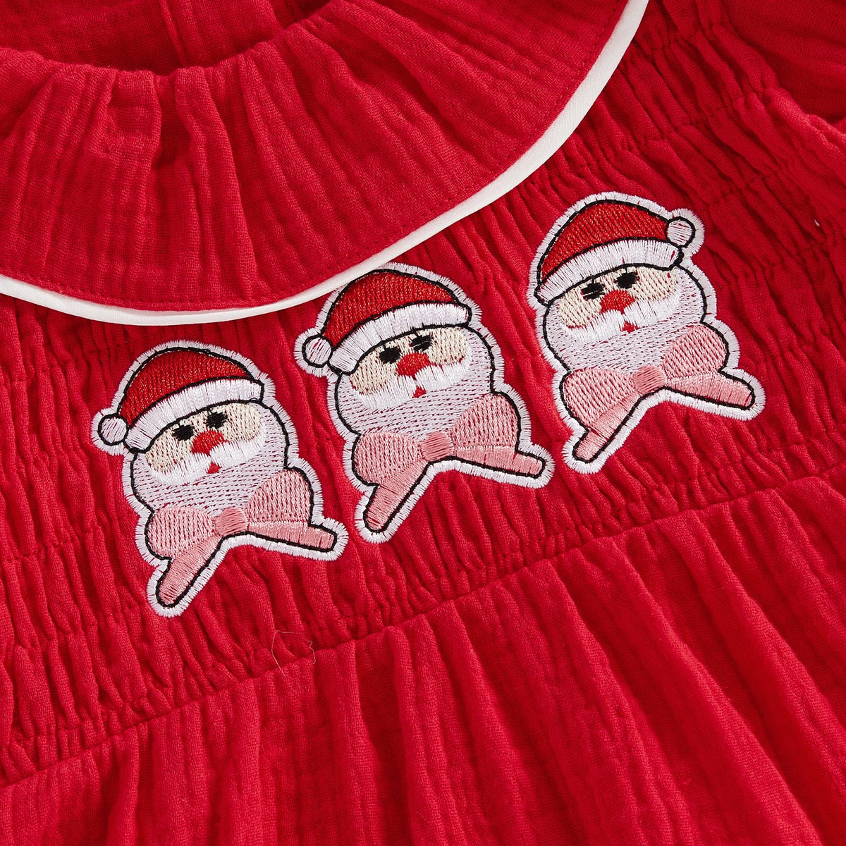 Santa Smocked Romper Rojo | Mameluco Vestido Rojo Bebé Niña — Cuello Muñeca + Mangas Abombadas + Papa Noel Bordado + Diadema