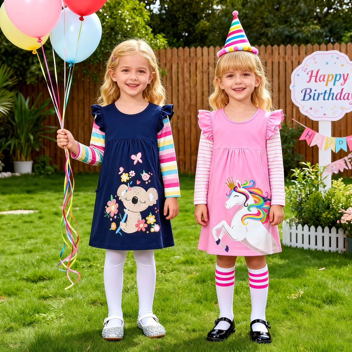 Vestido Niña ZJY | Algodón + Koala Bebé Floral + Mariposa + Corazones + Bolsillos | Navy/Arcoíris (3T - 8T)