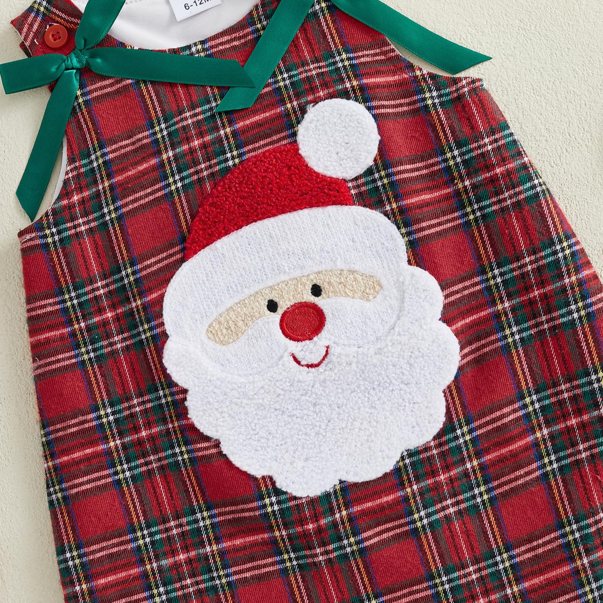 Santa Plaid Girl | Vestido Tartán Rojo Niña Sin Mangas + Cuello Redondo + Aplicación Papa Noel 3D + Lazos Verdes