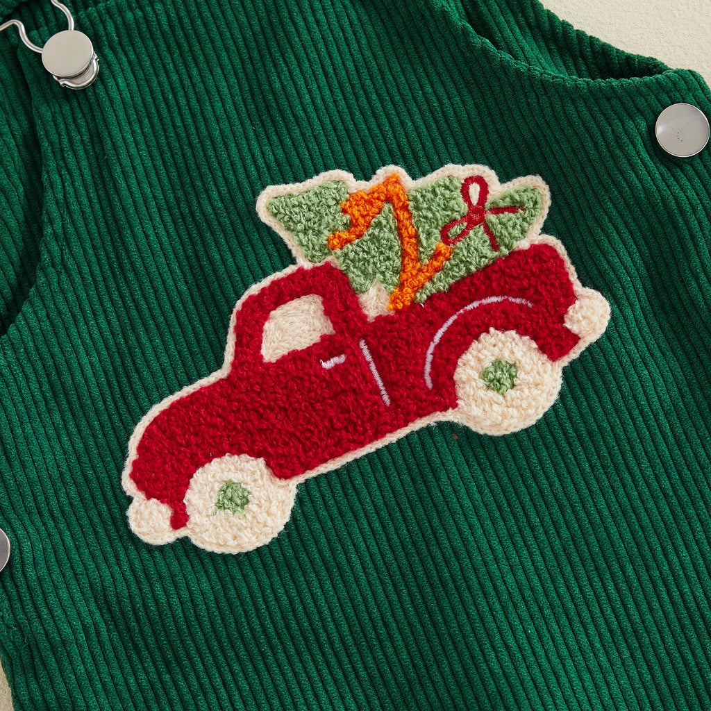 Peto Navideño Pana Verde Bebé | Bordado Camión Arbolito Tiras Ajustables