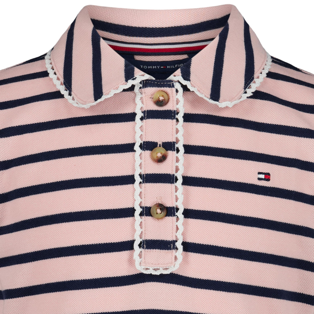 Tommy Hilfiger Vestido Polo Piqué Niña | Rayas Breton Rosa/Navy • Cuello Polo Ribete Picot • Falda Plisada