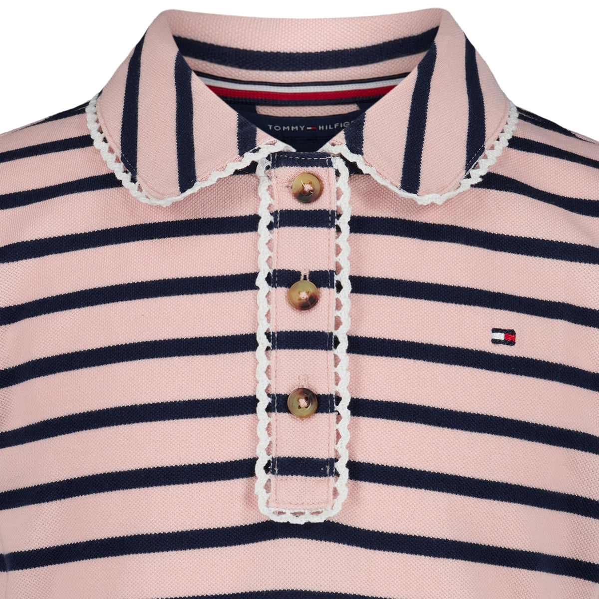 Tommy Hilfiger Vestido Polo Piqué Niña | Rayas Breton Rosa/Navy • Cuello Polo Ribete Picot • Falda Plisada