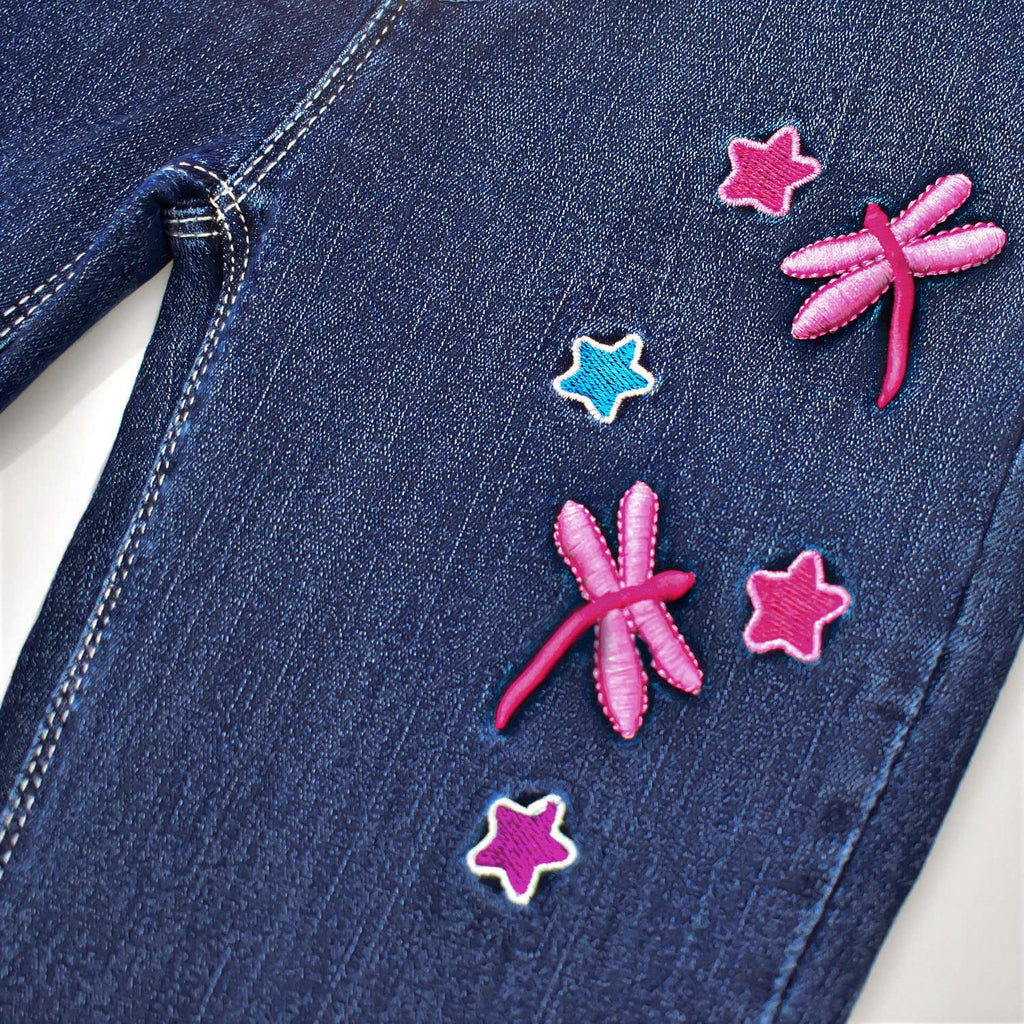 Jean Recto Tiro Alto Niña | Azul Marino Oscuro • Bordado Libélulas 3D Rosas • Estrellas Multicolor
