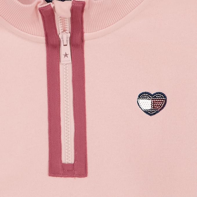 Quarter-Zip Fleece Tommy Hilfiger | Rosa Palo + Rayas Mauve + Parche Corazón Lentejuelas + Puños Acanalados | Niña (7T - 14T)