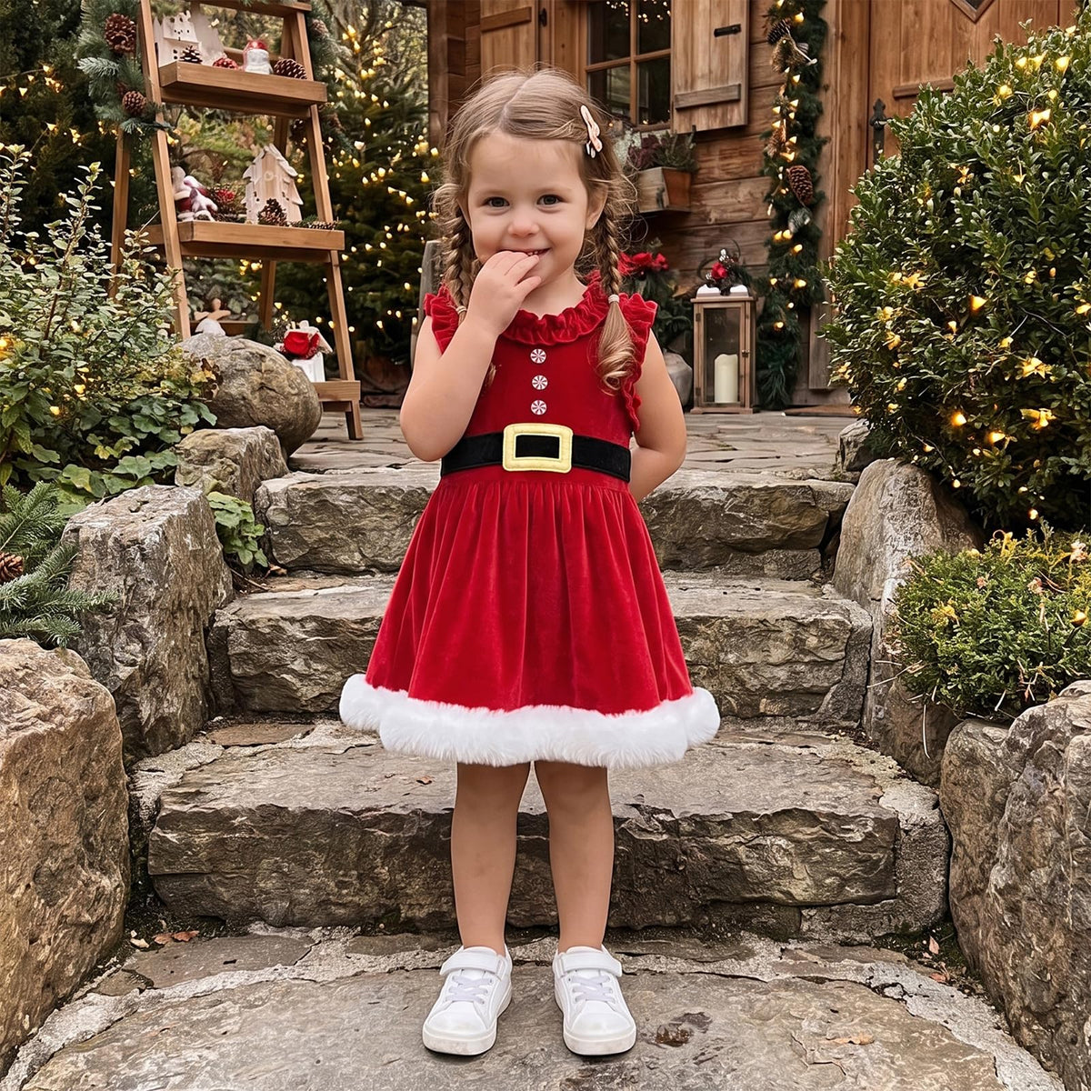 Santa Velvet Dress | Vestido Navideño Terciopelo Rojo Niña — Cuello Volantes + Botones Menta + Cintón + Ribete Piel Blanca