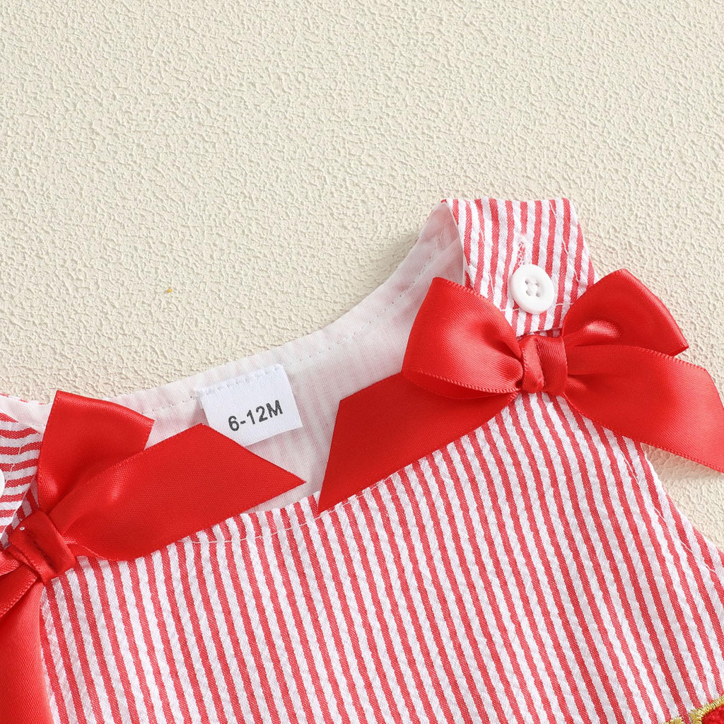 Merry Varsity Red Girl | Vestido Rayas Rojo/Blanco Niña — Sin Mangas + Cuello Redondo + Letras MERRY Chenille + Lazos Rojos