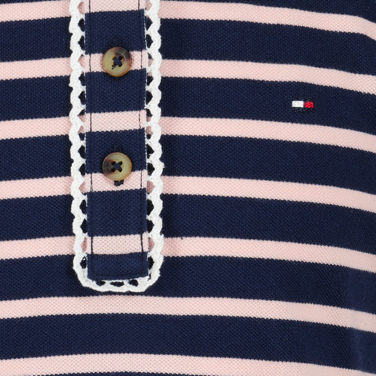 Tommy Hilfiger Vestido Polo Piqué Niña | Rayas Breton Navy/Rosa • Cuello Polo Ribete Picot • Falda Plisada