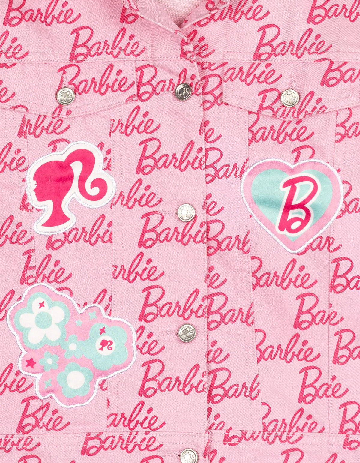 Chaqueta Mezclilla Barbie Oficial | Logo Todo-Sobre + 3 Parches Bordados + Botones Metal Relieve | Niña Rosa (4-16T)