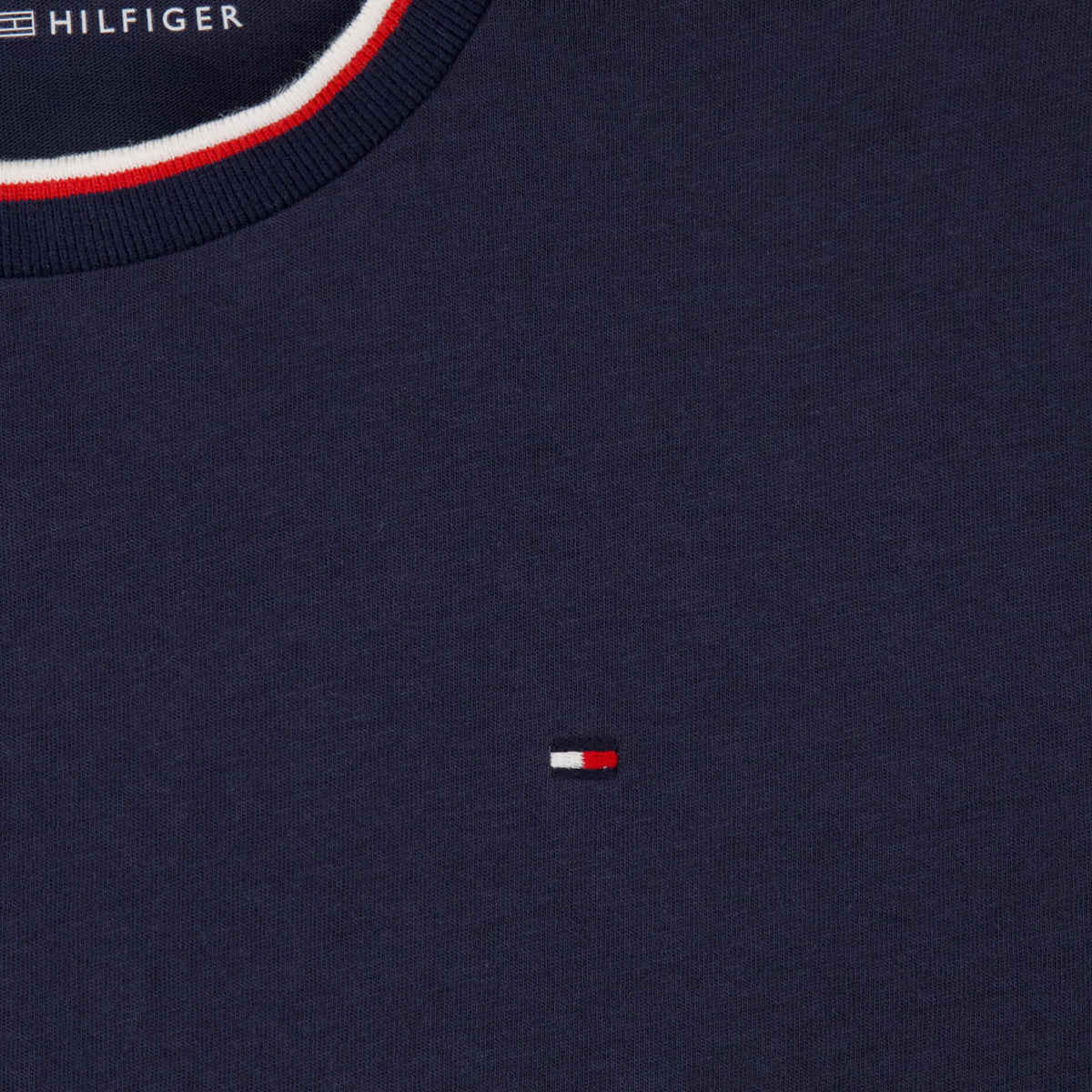 Tommy Hilfiger | Camiseta Niño Manga Corta Ringer Cuello Tricolor Logo Bandera Bordado 100% Algodón Azul Marino (8 - 16T)