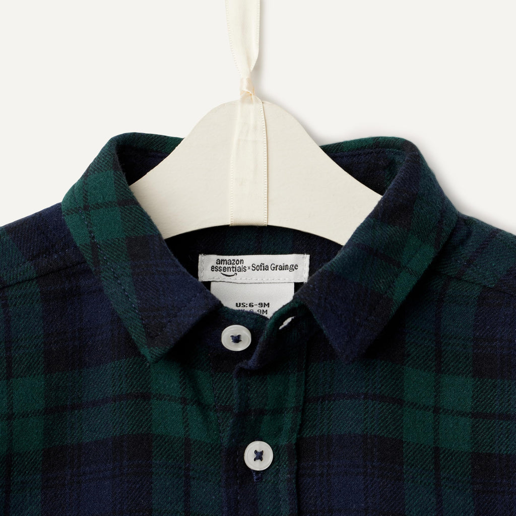 Amazon Essentials x Sofia Grainge Camisa Franela Niño | Cuadros Black Watch Verde/Navy • Navidad • 100% Algodón