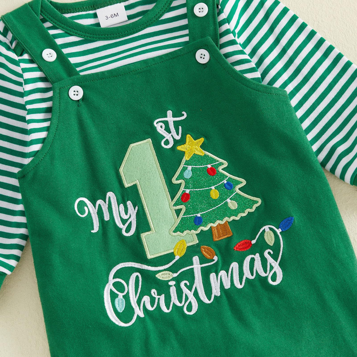 My 1st Christmas Arbolito | Conjunto Bebé Niño Mameluco Rayas Verde + Peto + Gorro Arbolito